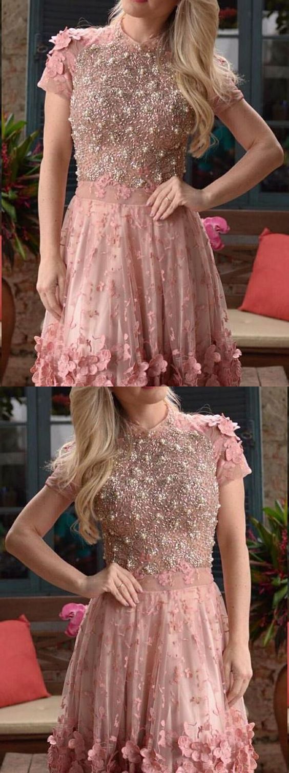 Popular Appliques Vogue A-Line Dusty High Pink Natalie Homecoming Dresses Neck With Beading 2173