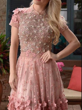 Popular Appliques Vogue A-Line Dusty High Pink Natalie Homecoming Dresses Neck With Beading 2173