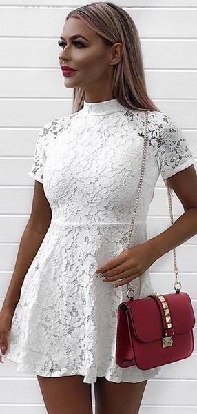 A-Line Homecoming Dresses Tabitha Lace High Neck Short Sleeves 22867