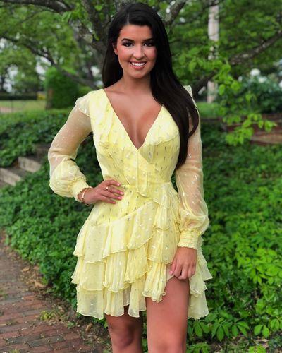 Long Hillary Homecoming Dresses Sleeves Short Yellow 22868