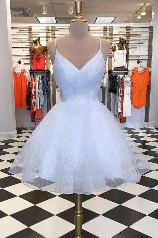 White Homecoming Dresses Amber Spaghetti-Straps V Neck Short 23149