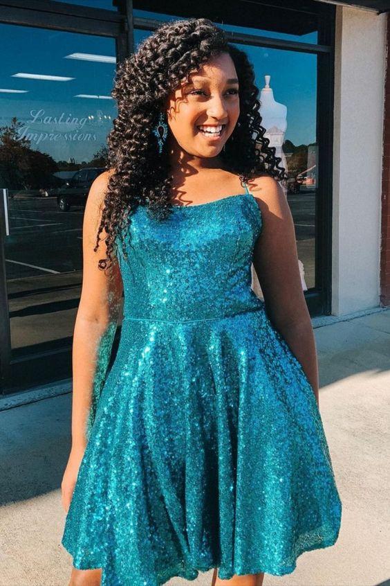 Cute Teal Sequined Carmen Homecoming Dresses Short With Cross Back 23279