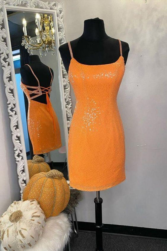 Glitter Orange Homecoming Dresses Ruby Sequins Short 23469