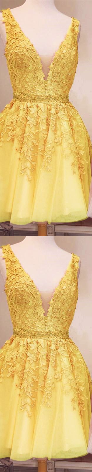 Cute Yellow Short Tulle Danielle Lace Homecoming Dresses Dresses 2358