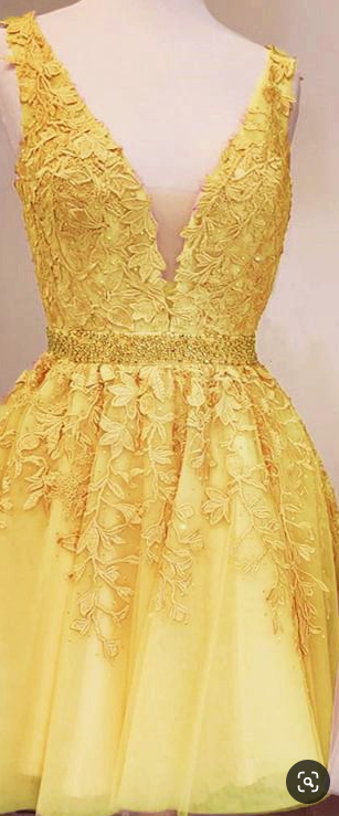 Cute Yellow Short Tulle Danielle Lace Homecoming Dresses Dresses 2358