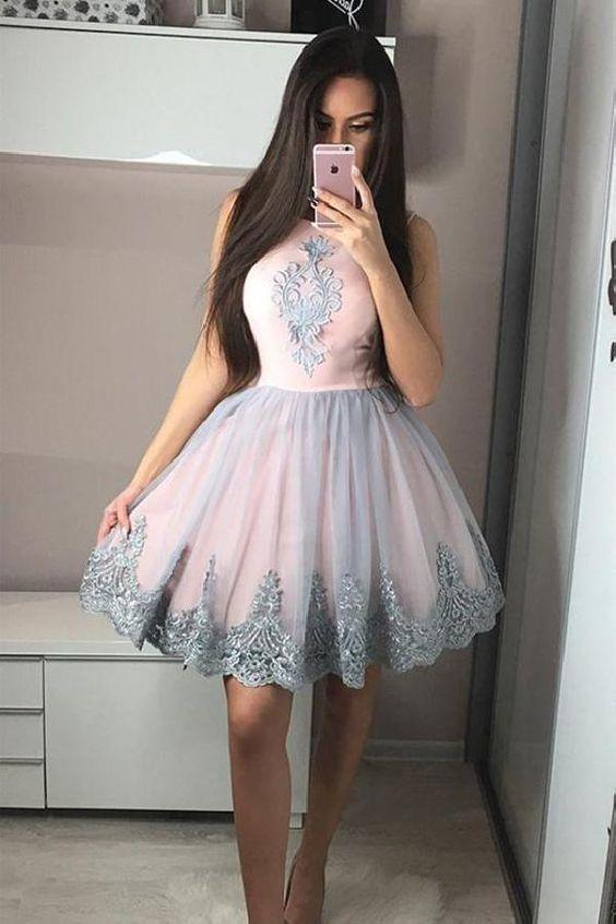 Round Neck Tulle Short Lace Homecoming Dresses Pink Aryanna 245