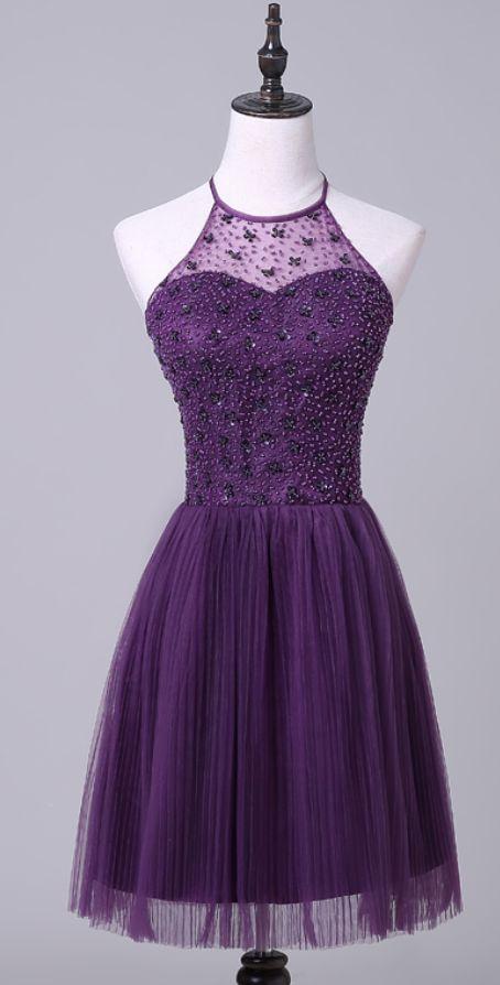 Cheap Purple Halterneck Noemi Homecoming Dresses Short With Beaded 24647