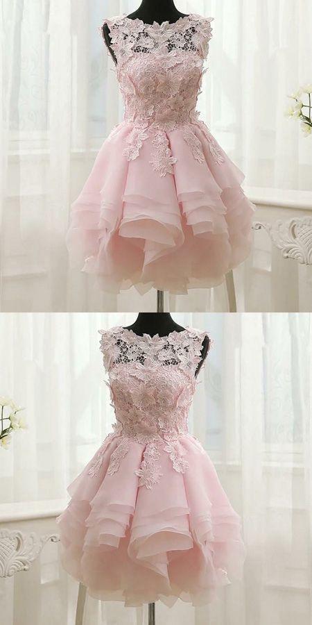 Appliques Organza Pink Shiloh Homecoming Dresses Tiered Short Simple 260