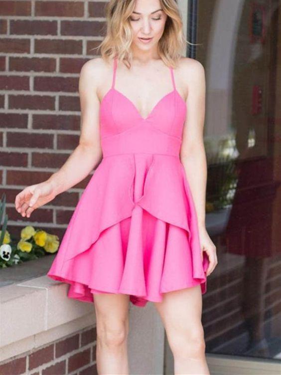 V Neck Spaghetti Straps Sleeveless Short Tessa Pink Satin Homecoming Dresses Short Formal 2842