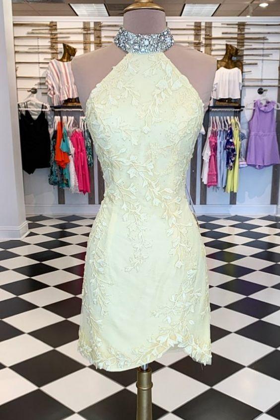 Tight High Lace Homecoming Dresses Amari Neck Yellow 2961