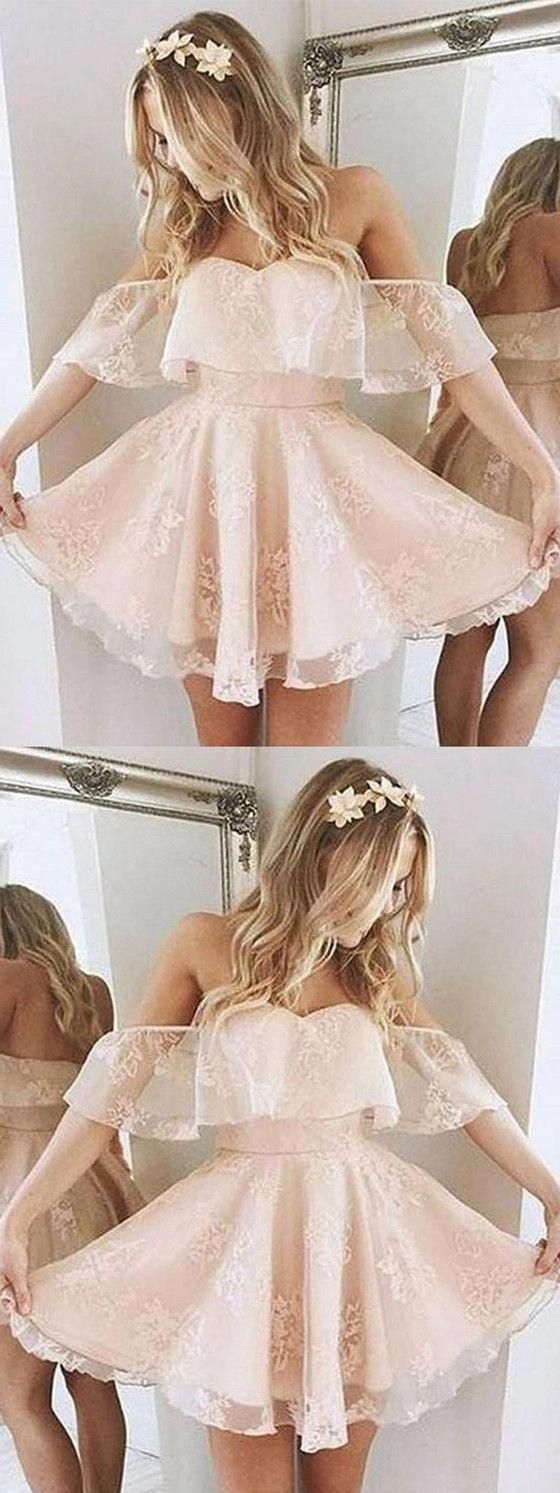 A-Line Off-Shoulder Pearl Tulle Short Lace Homecoming Dresses Pink Camille With Ruffles Cute 30