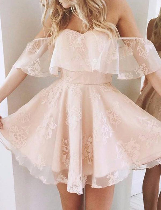 A-Line Off-Shoulder Pearl Tulle Short Lace Homecoming Dresses Pink Camille With Ruffles Cute 30