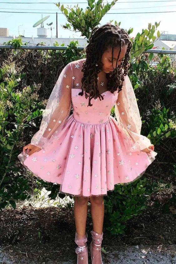 Pink Homecoming Dresses Jaelynn Stars Long Sleeves Tulle Short 3141