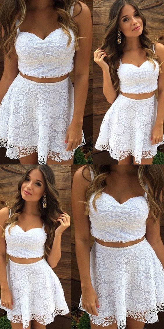 Two Piece Straps Short White Dress Cheap Henrietta Homecoming Dresses Lace Cocktail 319