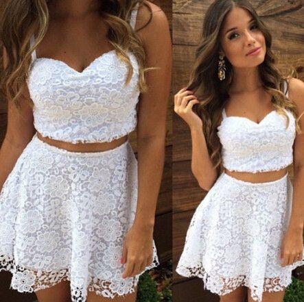 Two Piece Straps Short White Dress Cheap Henrietta Homecoming Dresses Lace Cocktail 319