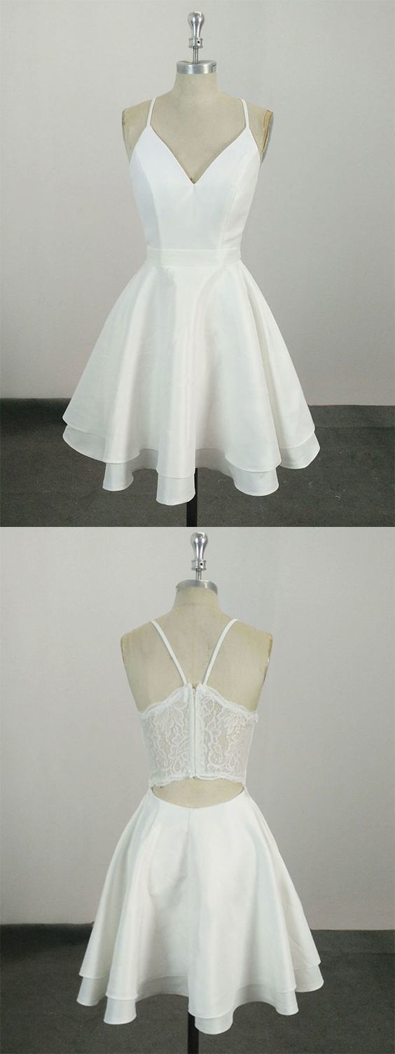 White V Neck Short White Satin Homecoming Dresses Mildred Lace 332