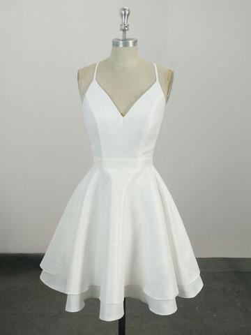 White V Neck Short White Satin Homecoming Dresses Mildred Lace 332