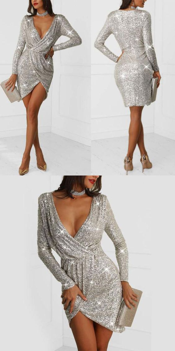 Sexy Sequin Long Deep V Exposed Sleeve Night Club Party Zara Homecoming Dresses 3335