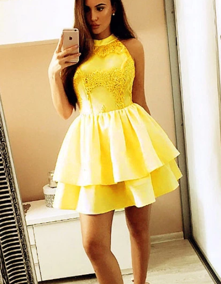 Short Ruffles Yellow Satin Homecoming Dresses Virginia Lace Appliques 3423