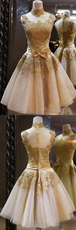 Gold Homecoming Dresses Alessandra A-Line High-Neck 359