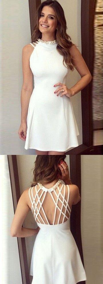 A-Line Jewel Summer Homecoming Dresses Satin Open Back White 3615