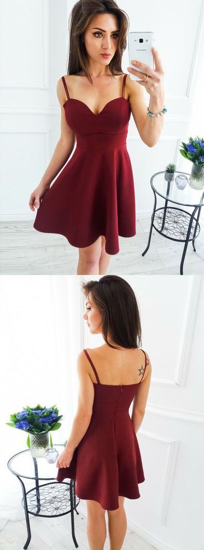 Simple A-Line Straps Short Burgundy Homecoming Dresses Ashly Satin 379