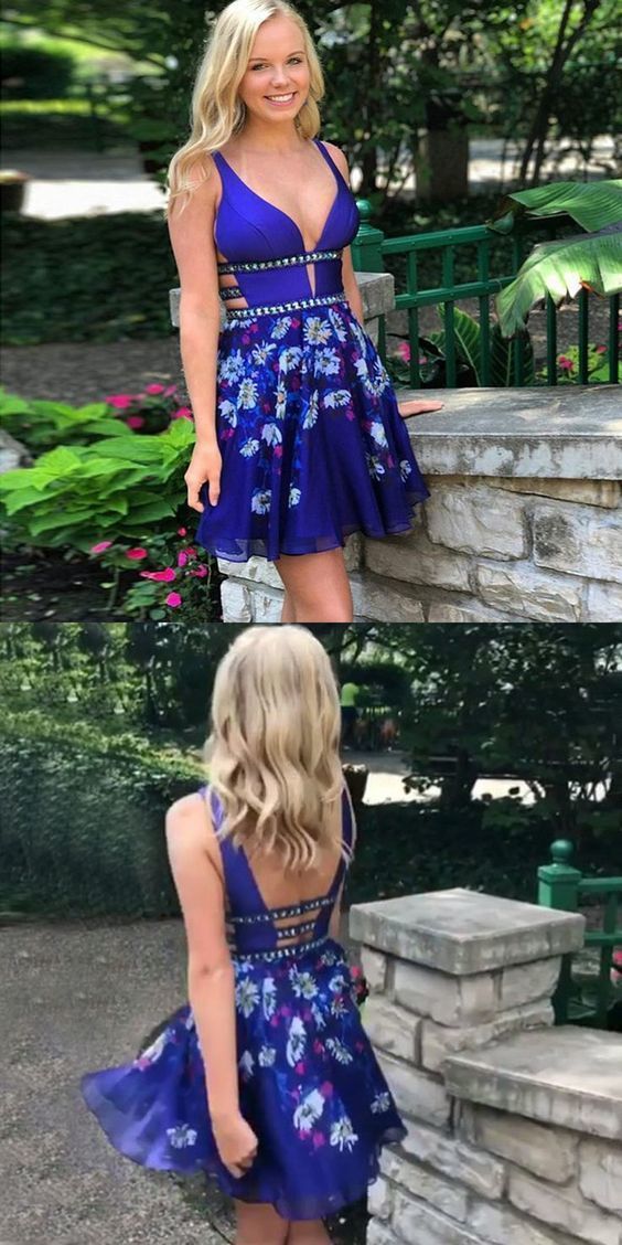 Floral Clare Homecoming Dresses Royal Blue Short Open Back With Beading 387