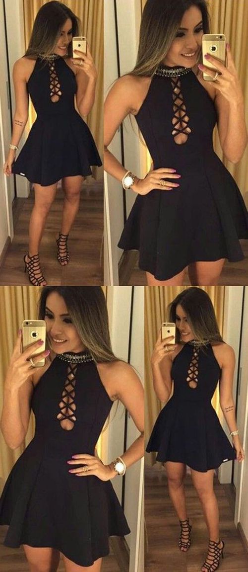 Black Halter A-Line Short Simple Evelin Homecoming Dresses Party Dress 391