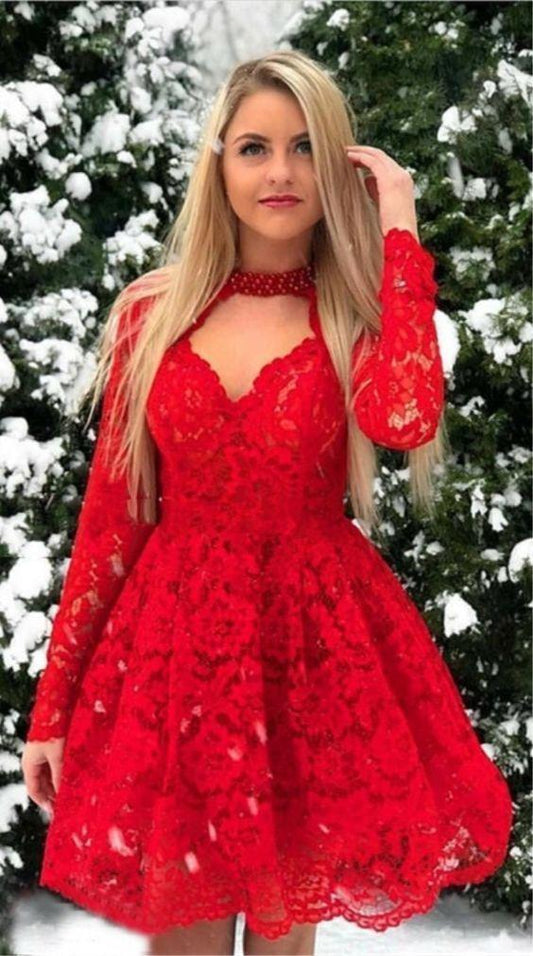 Vintage Red Short Long Sleeve Knee Homecoming Dresses Lynn Lace Length For Teens Long Sleeve 436