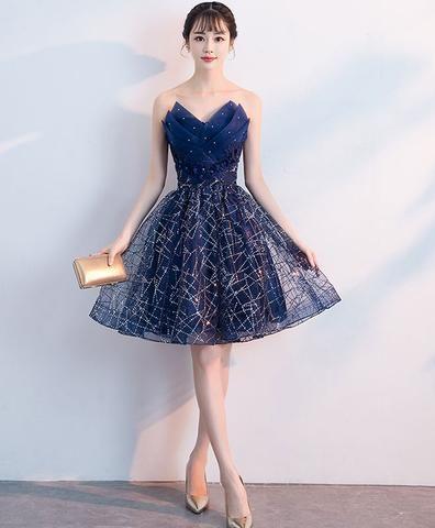 Dark Blue V Neck Homecoming Dresses Ireland Tulle Sequin Short Blue 445