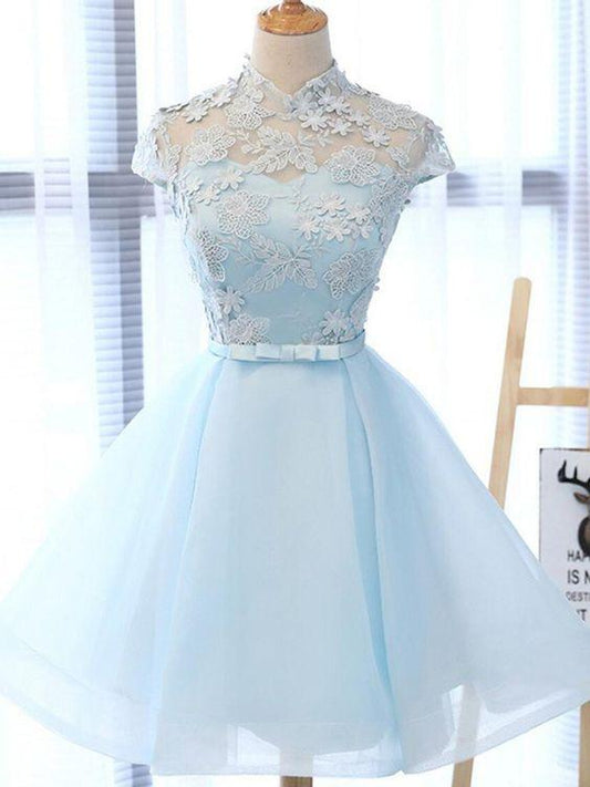 Chic Light Sky Blue Tulle High Homecoming Dresses Zion Neck Party Dress 479