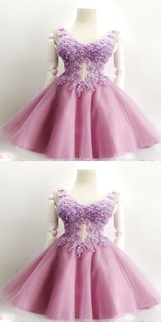 Elegant A-Line Lavender Tulle With Homecoming Dresses Daphne Scoop Neckline Short With Appliques 595