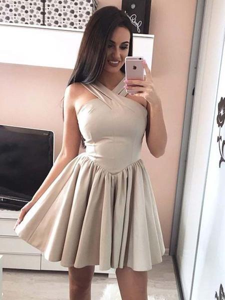 Simple Halter Sleeveless Homecoming Dresses Satin Cecilia Short 6060