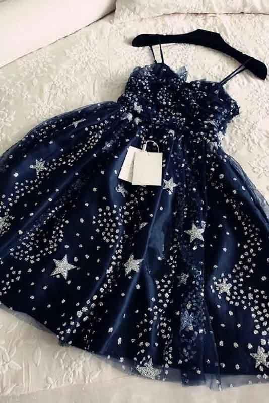 Spaghetti Homecoming Dresses Fatima Straps Navy Blue Tulle Sweetheart Short 623