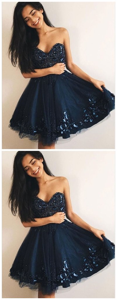 A-Line Sweetheart Taryn Homecoming Dresses Navy Blue Tulle 655