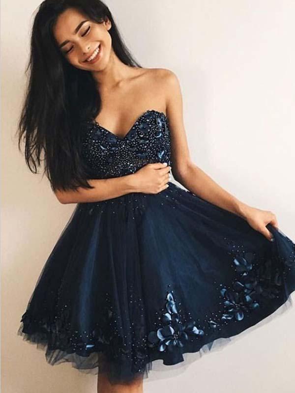 A-Line Sweetheart Taryn Homecoming Dresses Navy Blue Tulle 655