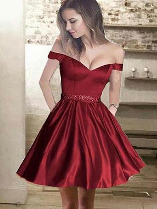 A-Line Off Shoulder Burgundy With Nydia Homecoming Dresses Beading 668