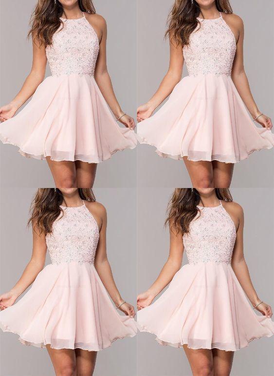 Light Short Chiffon Pink Heather Homecoming Dresses Beaded Halter 9780