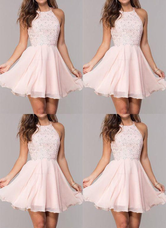 Light Short Chiffon Pink Heather Homecoming Dresses Beaded Halter 9780