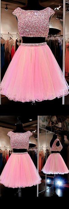 Yazmin Homecoming Dresses Two Pieces Pink Cute Jewel Beading 9897