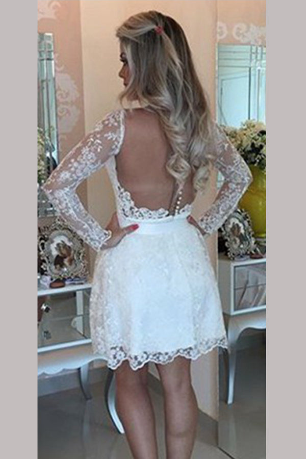 White Deep V Neck Long Sleeve Appliques Short Homecoming Dresses