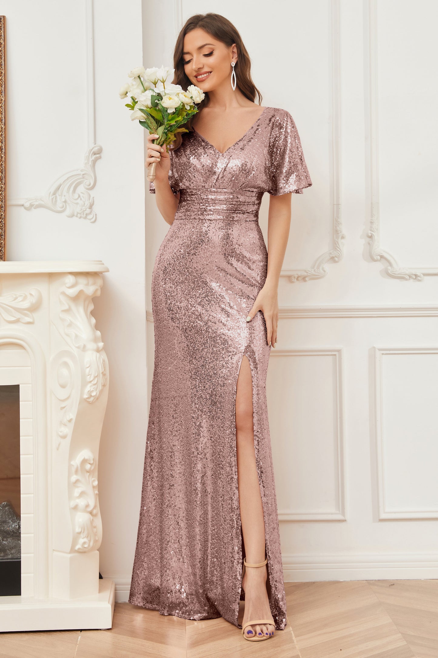 Mermaid Short Sleeves Sequins Bridesmaid Dresses with Slit