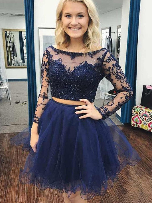 A-Line/Princess Bateau Organza Applique Homecoming Dresses Denise Long Sleeves Short/Mini Two Piece Dresses