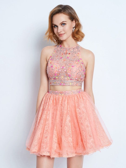 A-Line/Princess Jewel Sleeveless Tiffany Lace Homecoming Dresses Beading Short/Mini Two Piece Dresses