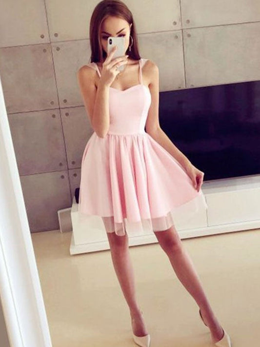 A-Line/Princess Spaghetti Straps Ruched Sleeveless Short/Mini Satin Homecoming Dresses Kamari Dresses