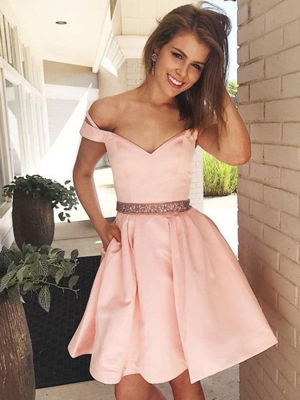 A-Line/Princess Sleeveless Satin Jacey Homecoming Dresses Off-The-Shoulder Beading Short/Mini Dresses