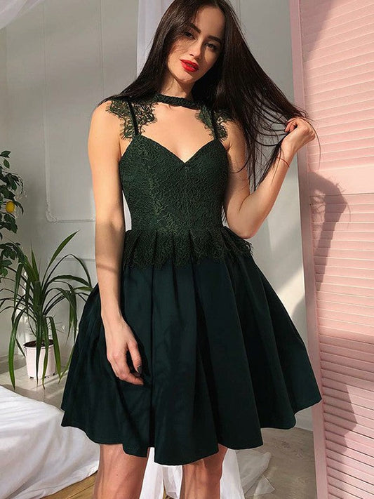 A-Line/Princess Lace Satin Homecoming Dresses Sofia V-Neck Sleeveless Ruched Short/Mini Dresses