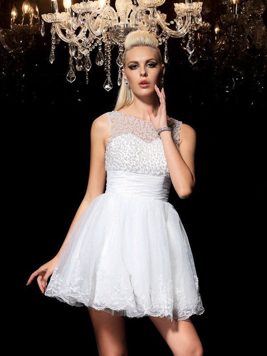 A-Line/Princess Sheer Neck Beading Sleeveless Short Elastic Molly Homecoming Dresses Satin Cocktail Woven Dresses