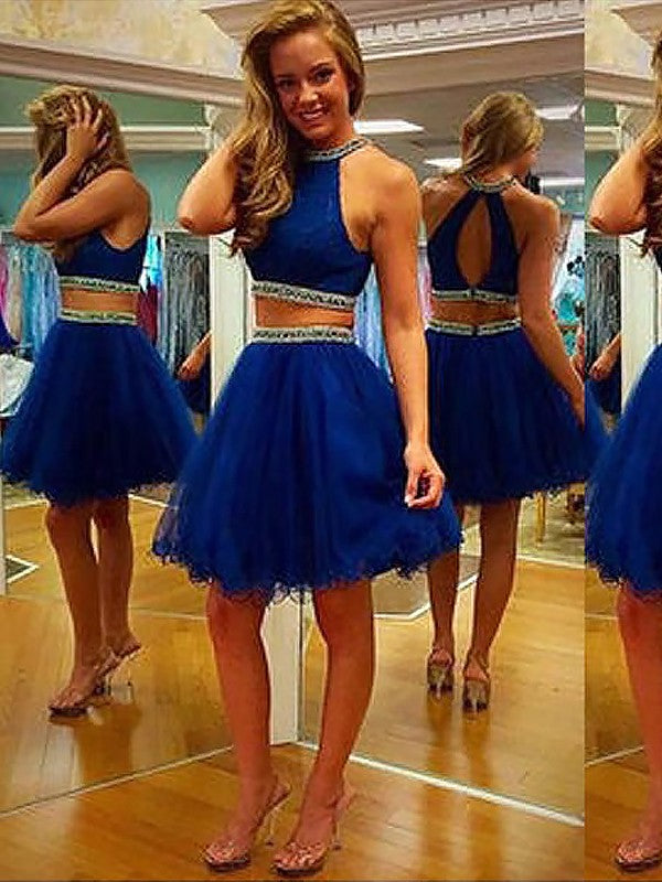 A-Line/Princess Sleeveless Halter Homecoming Dresses Belen Beading Tulle Short/Mini Two Piece Dresses