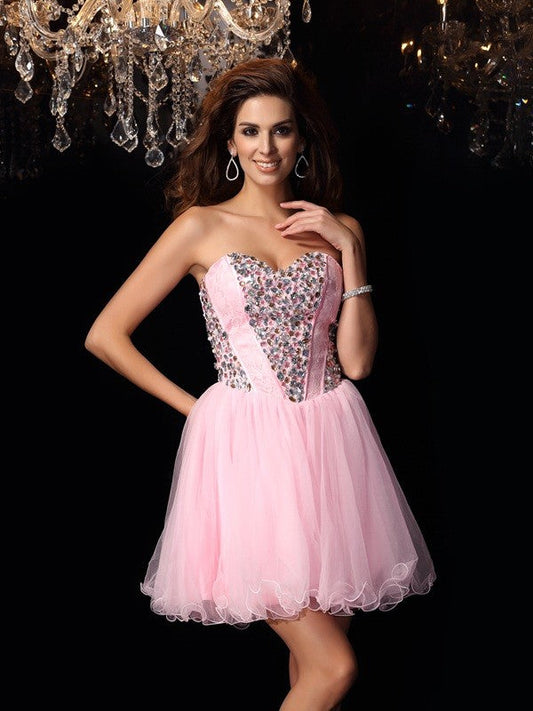 A-Line/Princess Sweetheart Satin Elizabeth Homecoming Dresses Cocktail Ruffles Sleeveless Short Elastic Woven Dresses